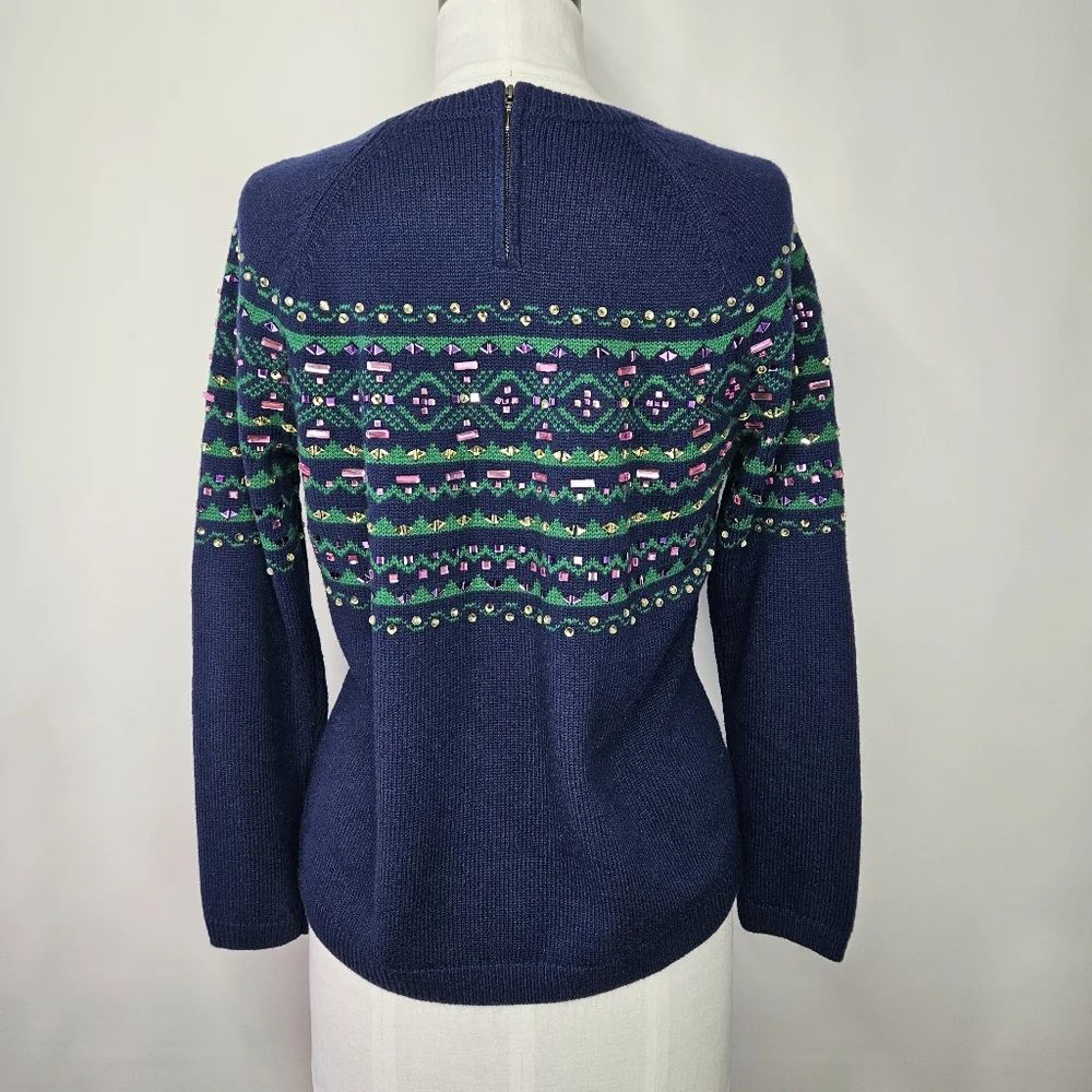Talbots Size LP Sweater Fair Isle Gemstone Sparkle Navy Pastel Heavy Tight Knit